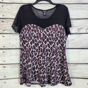 Torrid Size 0 Mesh Panel Leopard Print Peplum Top Black Pink Gray Short Sleeve